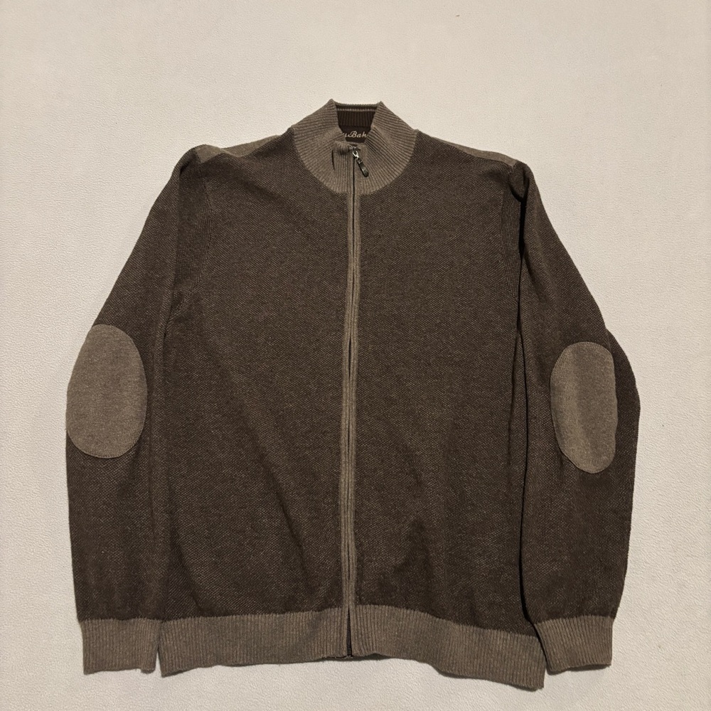 Tommy Bahama Full Zip Sweater Mens Large Brown Elbow Patch Preppy Academia‎